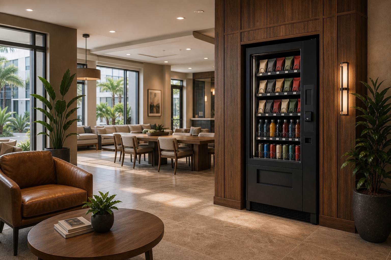 A visible vending placement within a bright apartment-community lounge.