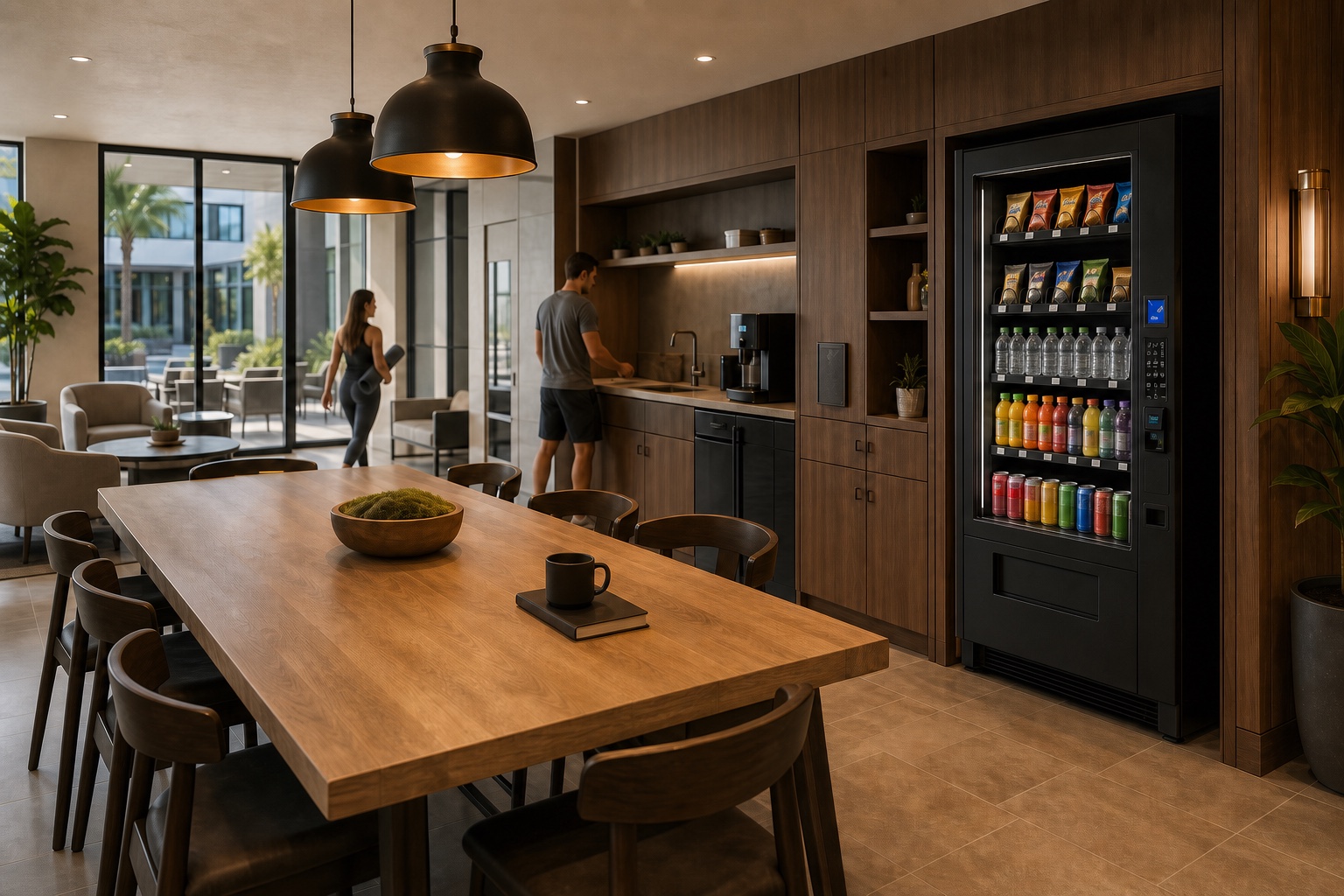 Residents using a shared apartment amenity kitchen beside an integrated vending machine.