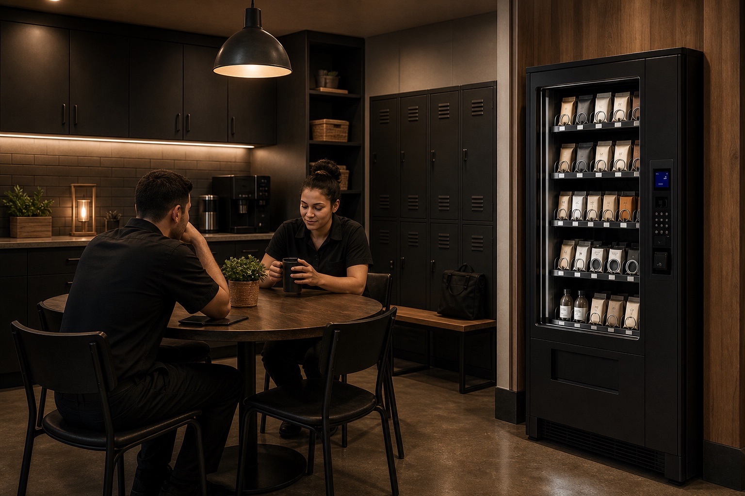 Hospitality staff taking a break near an essentials machine in a clean back-of-house room.