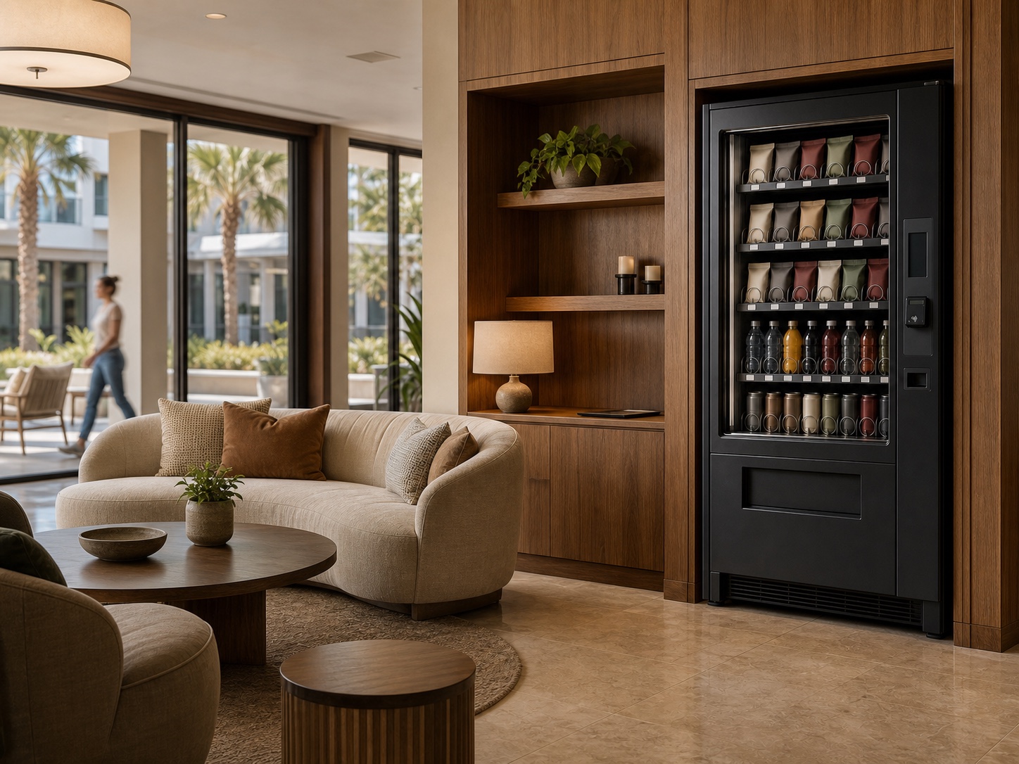 Vending machine integrated into a warm apartment-community lounge.