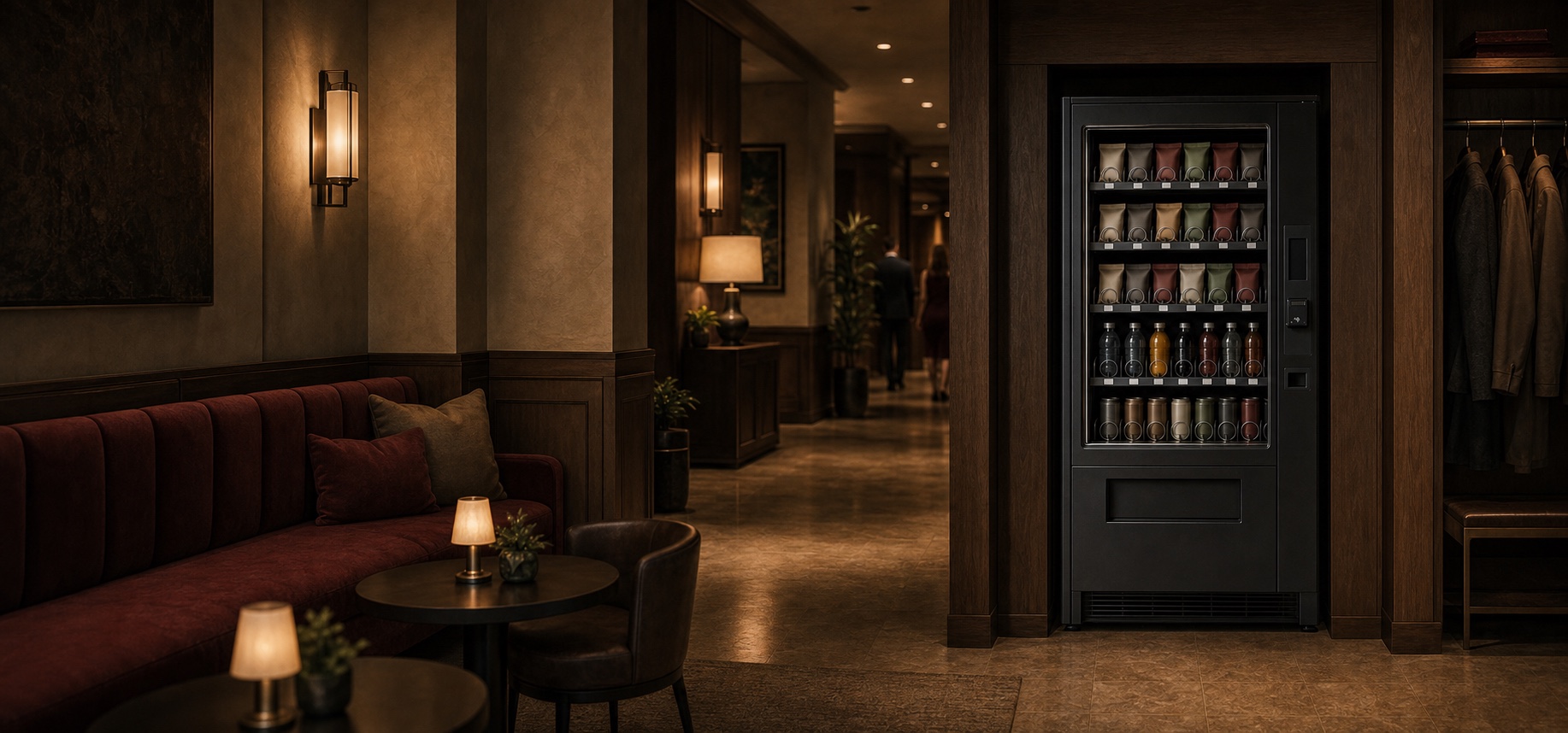 Discreet essentials vending in a warm hospitality lounge.