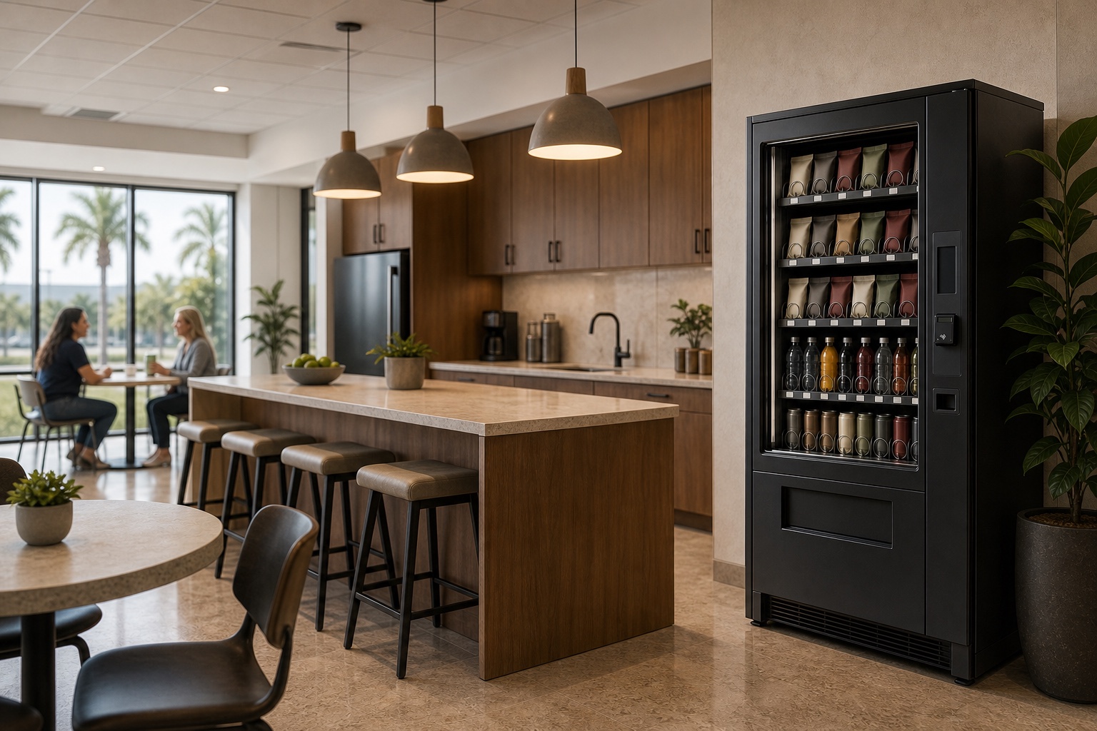 Managed vending placed within a practical workplace break area.